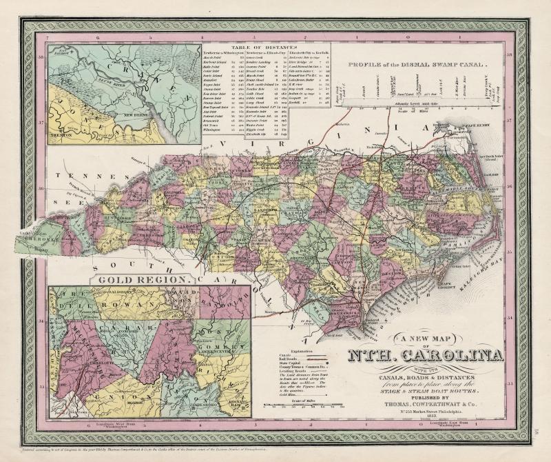 1853 map of North Carolina. Detailed with each county given a different color.
