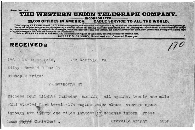 Telegram announcing the first successful powered flight