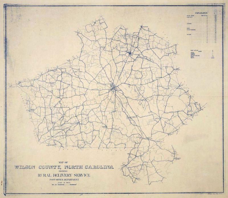 Map of Wilson County, North Carolina, showing rural delivery service A map depicting rural delivery routes.