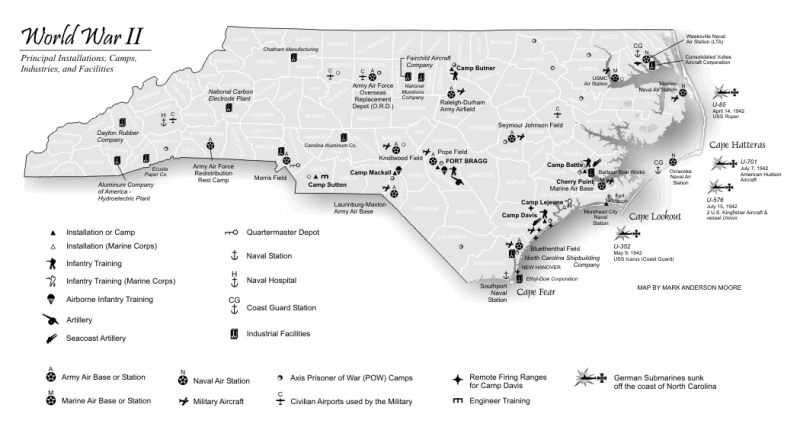 World War II in North Carolina: Principal installations, camps, industries, and facilities