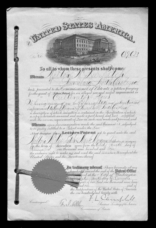 This certificate is for U.S. Patent 689,623, granted in 1901 to Milton M. Rich, of Laurinburg, and Mark Morgan, of Laurel Hill, for an “improvement in a cultivator/plows.” Image courtesy of the North Carolina Museum of History.