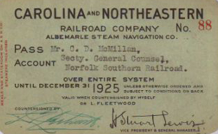 Boarding Pass for the Carolina and Northeastern Railroad Co. and the Albermarle Steam Navigation Co. Item S.HS.2012.1.153, from the collection of the North Carolina Museum of History.  Used courtesy of the North Carolina Department of Natural and Cultural Resources.