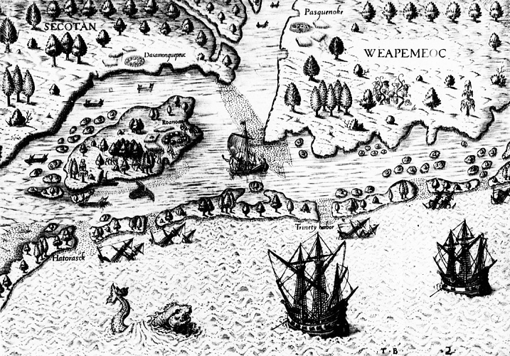 Map depicting ships landing near a coast. Early drawing.