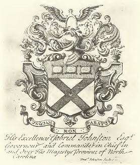 The bookplate of Governor Gabriel Johnston, showing his coat of arms. 