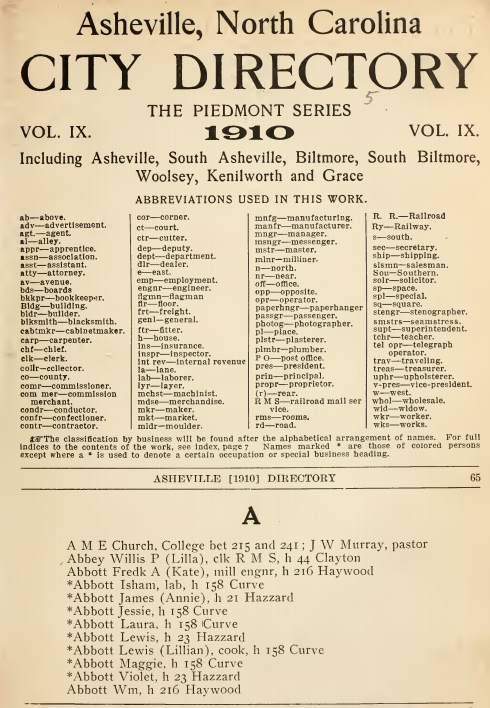 Page of the 1910 Asheville City Directory