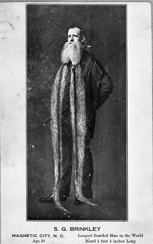 Postcard of Sam G. Brinkley, "Longest Bearded Man in the World," age 50. Image courtesy the State Archives of North Carolina.  