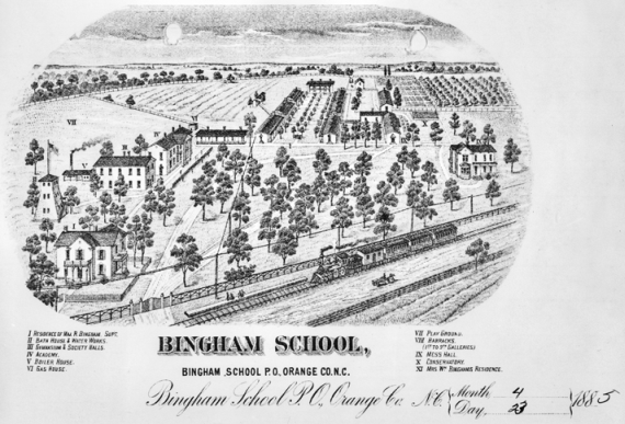 William Bingham's schools would eventually become the Bingham School under the leadership of his son. The buildings and grounds of Bingham School at Mebane as depicted in an engraving on the school's letterhead, 1885. North Carolina Collection, University of North Carolina at Chapel Hill Library.