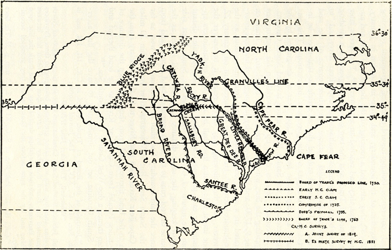 North Carolina's disputed southern boundary. From Marvin Lucian Skaggs' <i>North Carolina Boundary Disputes Involving Her Southern Line</i>, published 1941 by the University of North Carolina Press.