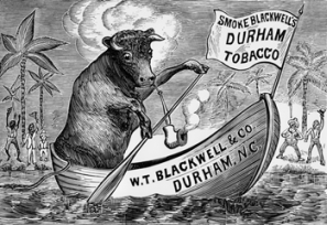 An 1879 advertisement for Durham's W. T. Blackwell & Co. features the company's trademark bull, used to popularize its tobacco products. North Carolina Collection, University of North Carolina at Chapel Hill Library.