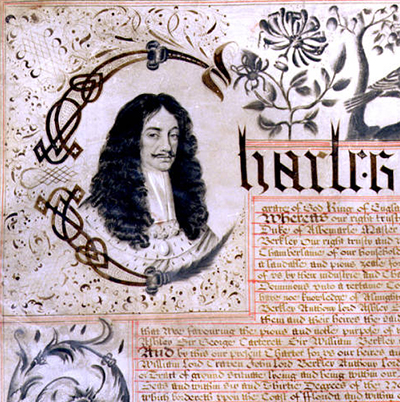 Close up of the Carolina Charter of 1663, featuring a portrait of King Charles II of England. Image from the North Carolina Digital Collections.