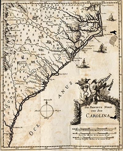 Map of the Carolinas on parchment. It depicts rivers and topography.