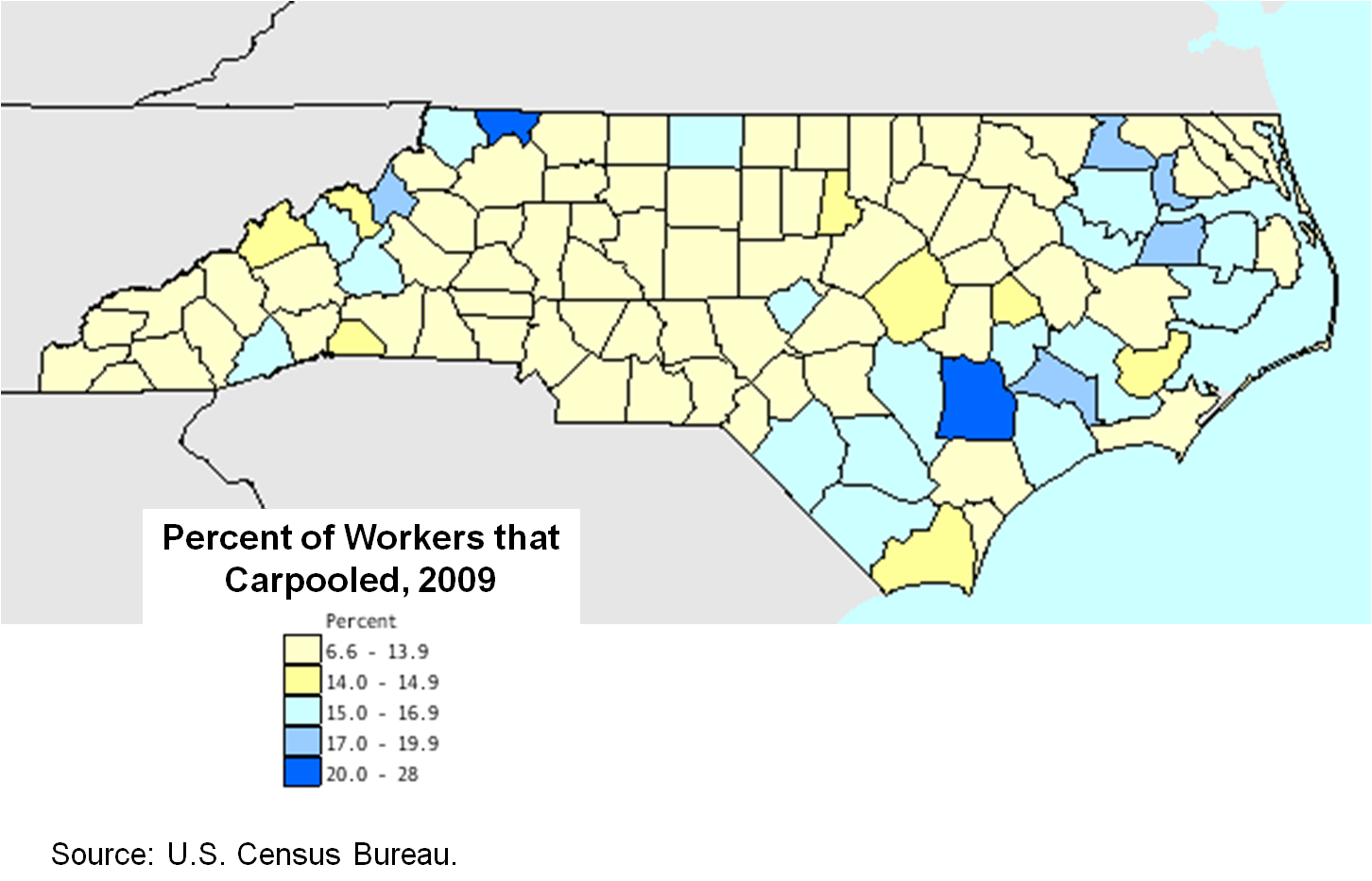 Carpooled to work by county, 2009