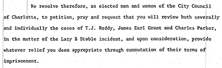 Part of a 1978 Resolution by the Charlotte City Council calling for clemency for the Charlotte Three. Image from the City of Charlotte and Mecklenburg County Government.