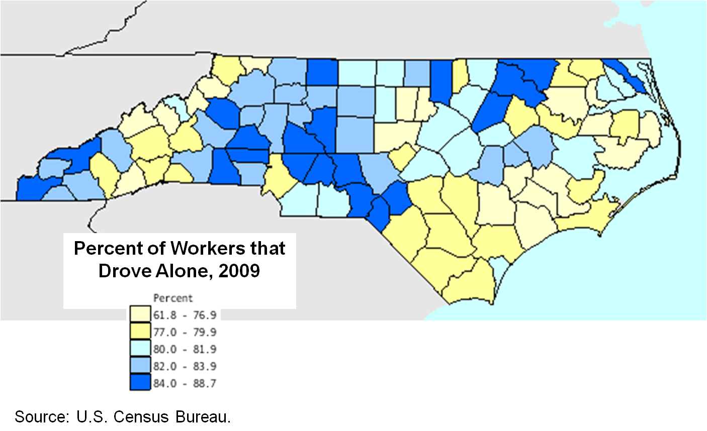 Drove to work alone by county, 2009