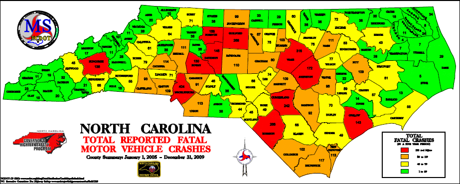 Total reported fatal motor vehicle crashes by county, 2005-2009