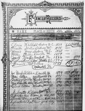 Family record sheet, likely from a family bible, from the collections of the North Carolina State Archives and State Library of North Carolina.