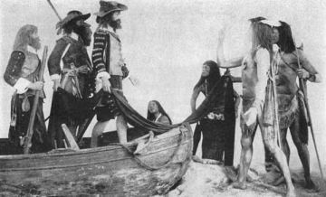 &quot;Photo of a group in the U. S. National Museum, Washington, D. C.  Captain John Smith and companions trading with the Indians in Virginia, 1607. The colonists seek corn and furs from the natives in exchange for beads, trinkets, utensils and cloth.&quot; Image courtesy of Project Gutenberg. 