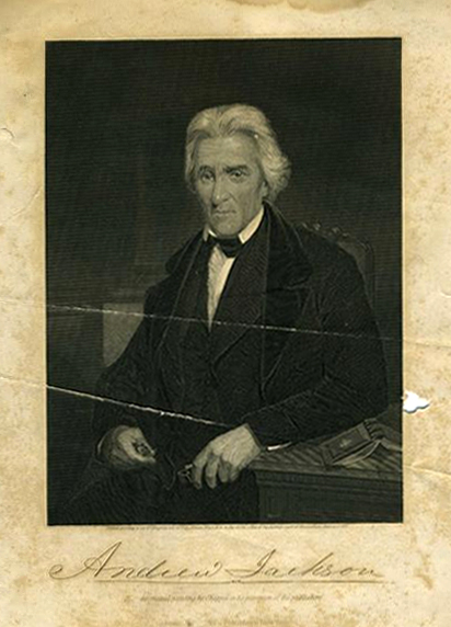 Print of an engraving of Andrew Jackson, made circa 1878-1890.  From the collections of the North Carolina Museum of History. 