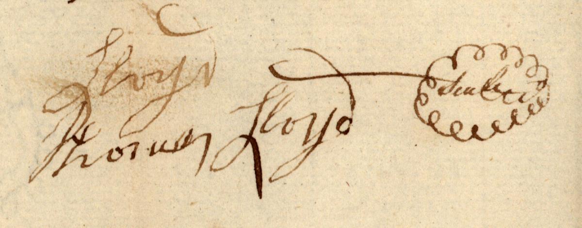 Signature of Thomas Lloyd from his Last Will and Testament, February 1792.  Courtesy of the North Carolina State Archives.