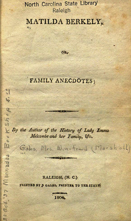 Title page of Matilda Berkley, or, Family Anecdotes, 1804.