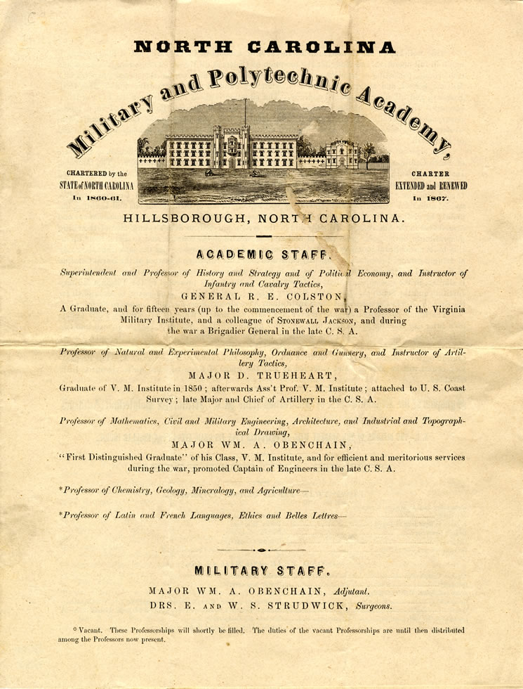 (click to see larger and for more information) Abbreviated catalog giving academic courses, costs, staff, and information about the North Carolina Military and Polytechnic Academy, circa 1867. This item is from the last year the school was in operation.