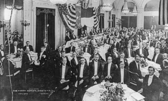 Members of the North Carolina Society of New York gathered for a dinner at the Hotel Astor, 3 Dec. 1909. North Carolina Collection, University of North Carolina at Chapel Hill Library.