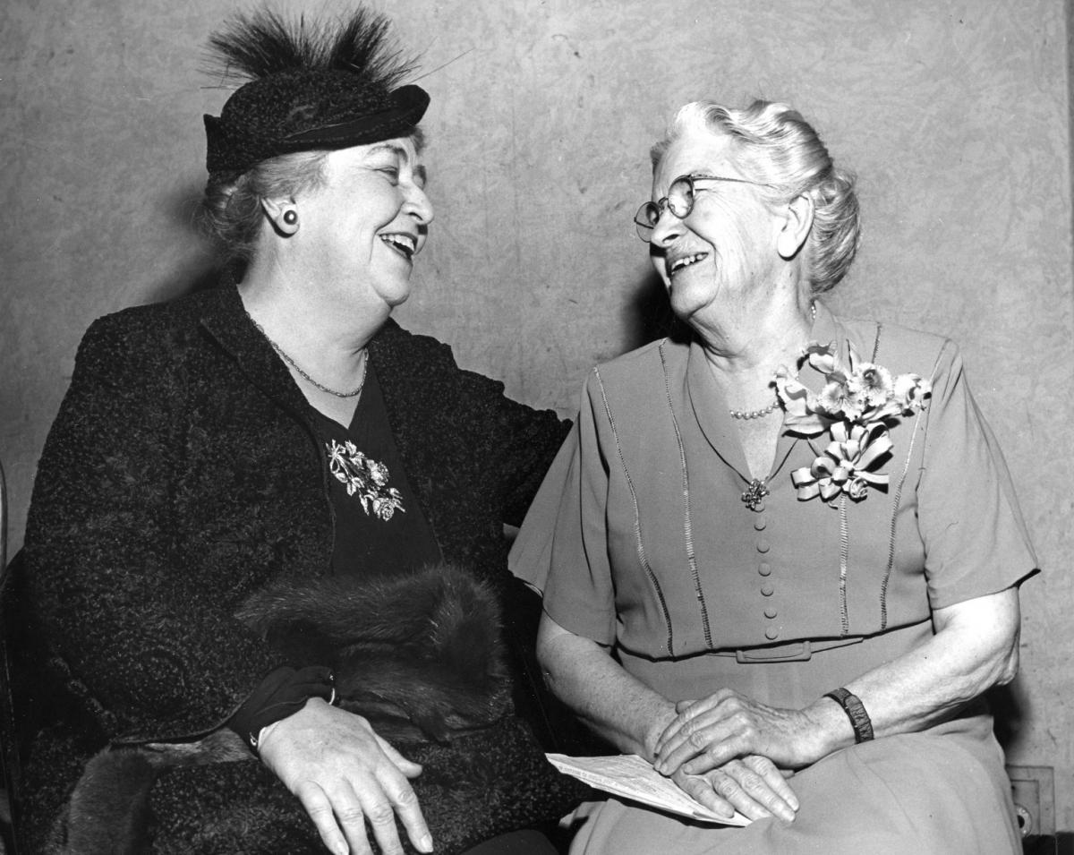 In this black and white photograph, North Carolina’s first Home Demonstration State Agent Jane S. McKimmon is posing with Jane Darwell while in New York for the radio dramatization of her life story, “When We’re Green We Grow,” on NBC’s Cavalcade of America. 