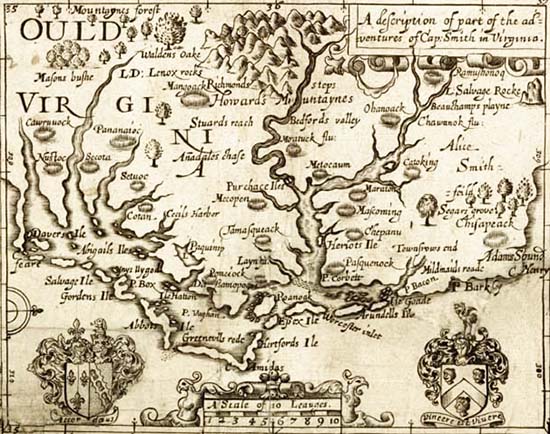 Map of 'Ould Virginia' from The Generall Historie of Virginia by John Smith, 1624. Image from Documenting the American South.