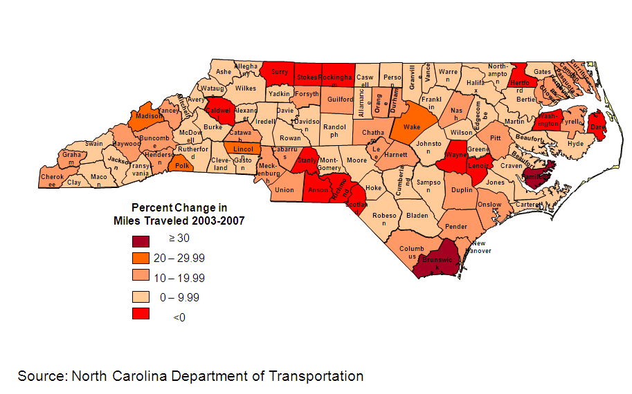 Vehicle Miles Traveled, Percentage change per county, 2003-2007