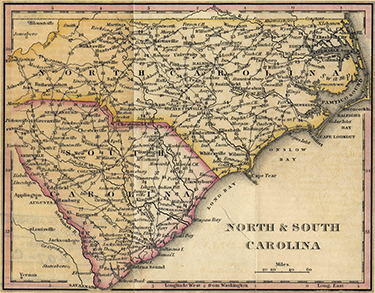 Map of North and South Carolina, showing Post Roads and mileage, 1828. Image from NC Maps.