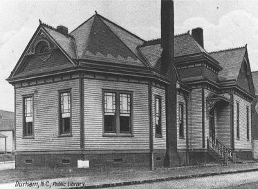 Postcard of Durham's first public library at Five Points, circa 1910.