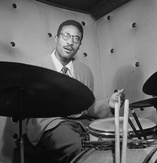 Portrait of Max Roach at the Three Deuces club in New York city circa October 1947.
