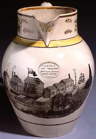 Pitcher made for &quot;Governor&quot; John Wallace, circa 1805-1810, with the inscription &quot;A North View Of Govr. Wallaces Shell Castle & Harbour North Carolina.&quot; Image from the North Carolina Museum of History. 