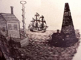 A ship sails in the background. In the foreground, a small house and lighthouse are found.