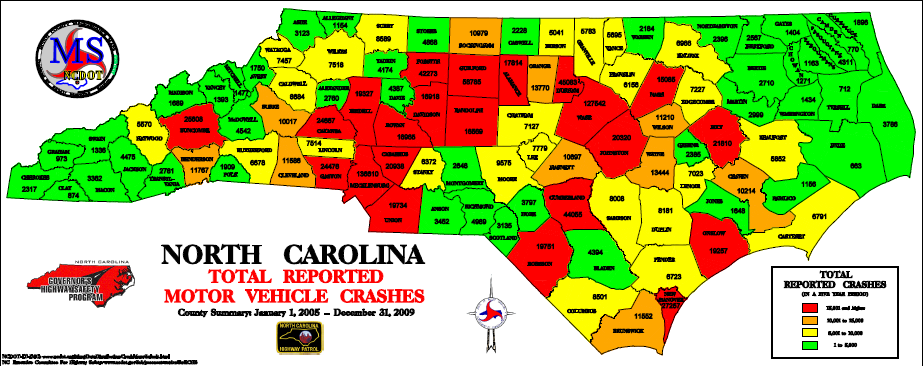 NC total reported motor vehicle crashes by county, 2005-2009