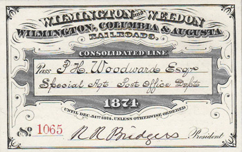 Boarding pass for the Wilmington and Weldon Railroad, 1874. Image from North Carolina Historic Sites.