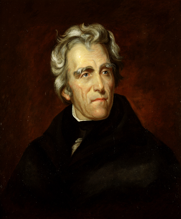 Andrew Jackson. He has feathered hair, a long face, and is wearing a suit. He is probably about 50.