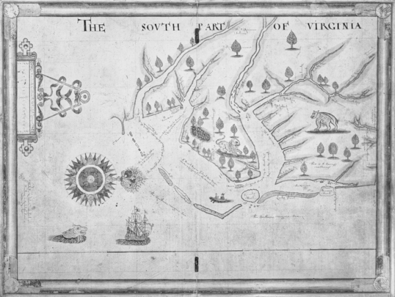 The Nicholas Comberford map of 1657 shows the house of Nathaniell Batts near the confluence of the Morattico (Roanoke) and Choan (Chowan) Rivers. Copyright National Maritime Museum, London.