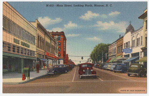 Post card featuring Belk Brothers in Monroe, North Carolina. Image available from UNC Libraries. 