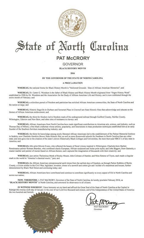 Proclamation of Black History Monthy by Governor McCrory in 2016.