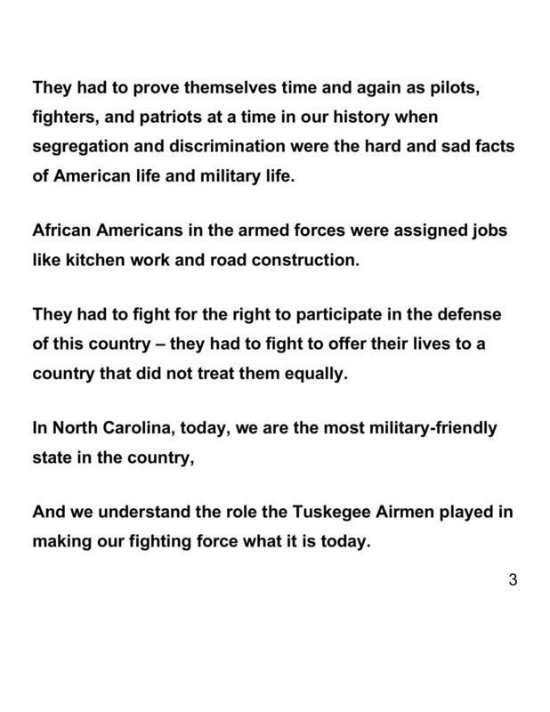 Transcript of Governor Bev Perdue's speech honoring Tuskegee Airman from North Carolina at a Black History event in 2012.