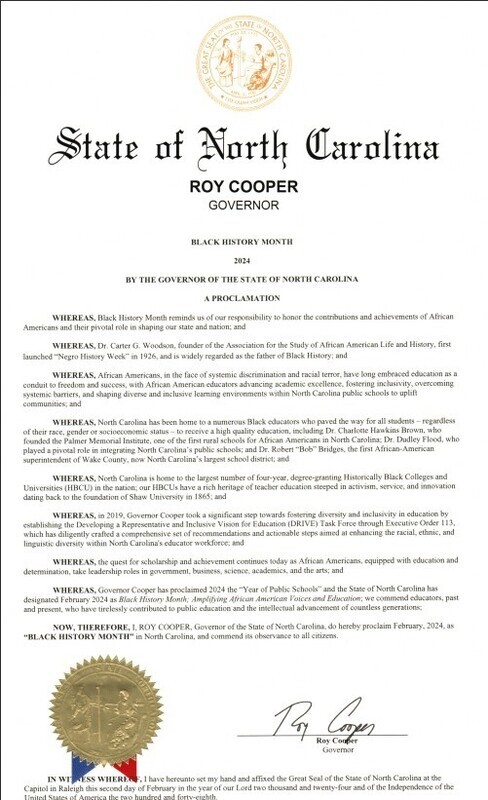 Proclamation of Black History Monthy by Governor Cooper in 2024.