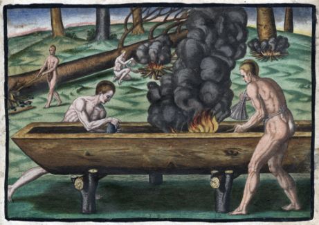 "Native Americans Making Canoes," 1590, Theodor de Bry. Image courtesy of LearnNC. 