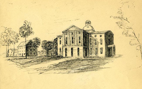 Drawing by Hope Chamberlain of the old captiol building that was destroyed by fire in 1831. Image courtesy of the NC Museum of History. 