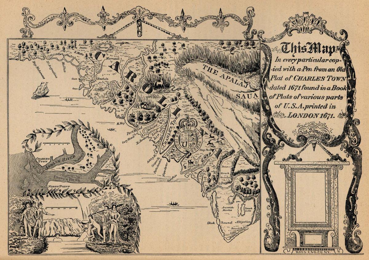 "Charles Town map of 1671. From 1680 to 1783 modern day 'Charleston' was known as 'Charles Town'. Available from Carolana.