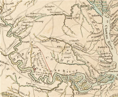 Close up of Collett's 1770 map of NC, illustrating where the Tuscarora Indians were located