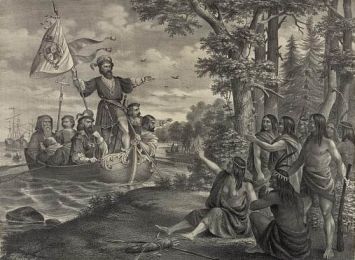 "Landing of Christopher Columbus in America, at San Salvador, October 12th A.D. 1492." Image courtesy of Library of Congress. 