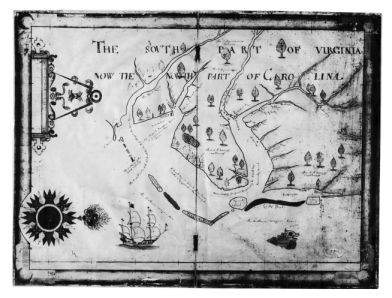 (click to view larger) "Nicholas Comberford’s 1657 map, The South Part of Virginia Now the North Part of Carolina." Image courtesy of North Carolina Office of Archives and History via LearnNC. 