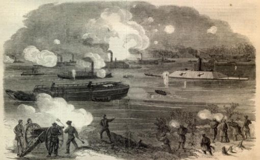"The Rebel Iron-Clad Fleet Forcing the obstructions in James River.–[Sketched by A. R. Waud.] 