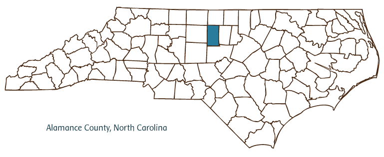 NC map highlighting the location of Alamance County